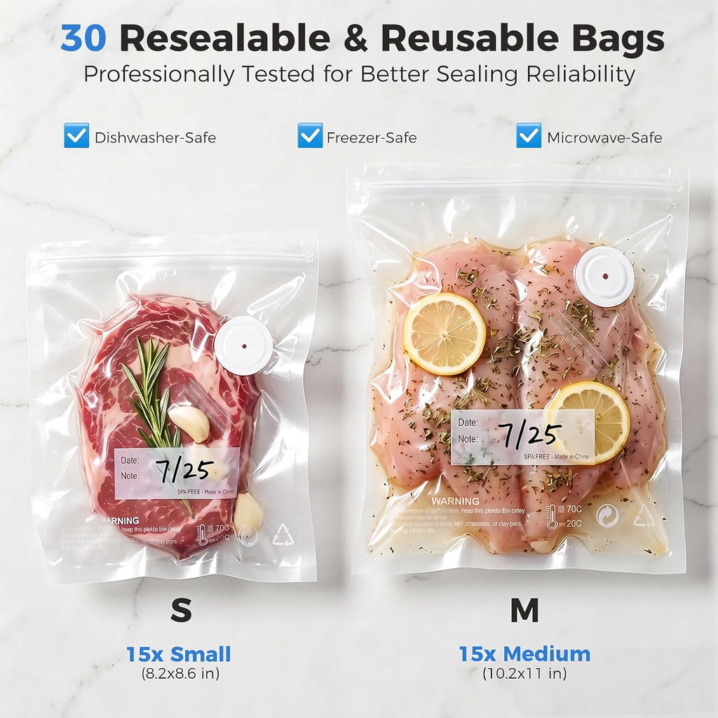 Handheld Food Vacuum Sealer – Compact Kitchen Sealer with 30 Reusable Vacuum Bags